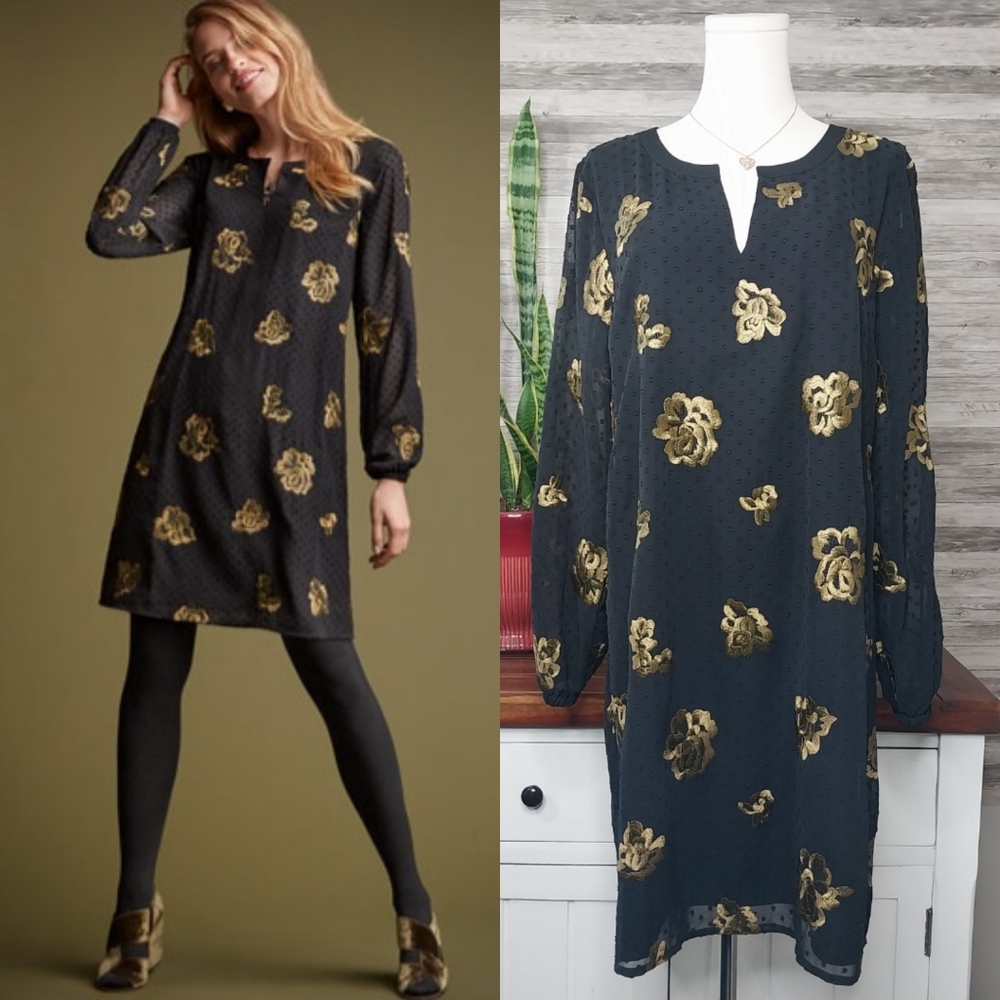 CAbi Gold Flower Black Occasion Swiss Dot Dress Size Medium Womens